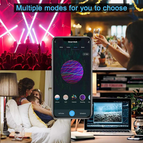 Image displaying the app interface for Color Changing E12 Smart LED Bulbs With WiFi And Bluetooth in various settings.