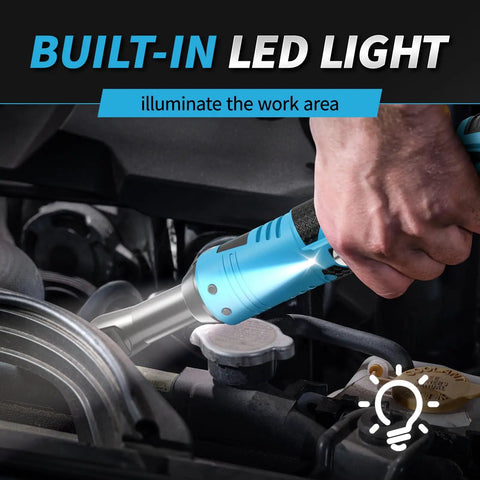 Cordless Ratchet Wrench Set With 16.8V Beefy Power 45 Ft Lbs Torque 550 RPM Dual Cooling Extended Run Time Heavy Duty Build Includes 2x 2Ah Batteries One Quarter Inch Adapter 3 Inch Extension Bar Variable Speed Electric Tool Kit In Blue, built-in LED light in engine bay