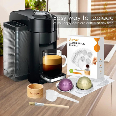Reusable Vertuo Capsule Kit For Nespresso Pods With 80 Pcs Capsules Aluminum Foil Seals And Lids Capsule Holder Coffee Scoop And Brush