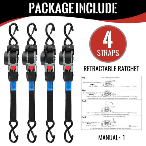 Heavy Duty Self Retracting Ratchet Tie Downs One Inch By Ten Foot 4 Pack 1650 Lb tangle free cargo straps with hooks.