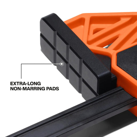 Close-up of extra-long non-marring pads on Speed-Klamp 12 Inch Bar Clamp Set, 2 Pack With One Handed Operation, 150 Pound Clamping Force