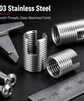 50 Piece Self Tapping Thread Inserts Kit In 303 Stainless Steel with ruler and caliper on black background