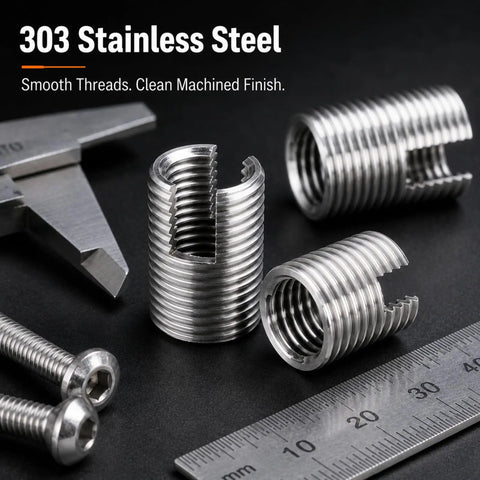 50 Piece Self Tapping Thread Inserts Kit In 303 Stainless Steel with ruler and caliper on black background
