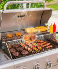 Universal Rotisserie Kit For Most 2 To 4 Burner Gas Grills With 32 To 42 Inches Five Sixteenth Inch Square Spit Rods Includes Three Rotisserie Spits And Counterbalance Designed For Easy Setup And Durable Stainless Components For Lasting Grilling in use with grilling meat, vegetables on stainless gas grill.