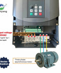 VFD Vector 1 Phase To 3 Phase Converter For Motors Up To 15HP, 220V Input Output, front view with motor and wiring details