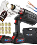 Heavy Duty Rechargeable Electric Hydraulic Cable Lug Crimper For 8AWG To 800MCM With 13 Dies, includes tools and batteries.