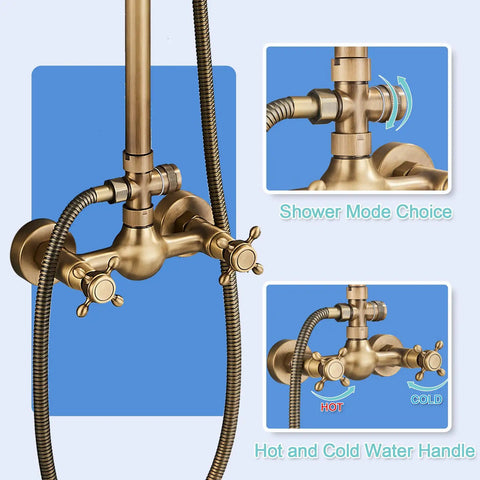 Antique Brass Shower System With 8 Inch Rainfall Head And Handheld Spray, 2 Cross Handles, wall mounted control details