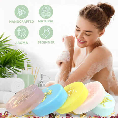 Woman bathing with colorful soaps from All In One Soap Making Kit For Adults And Teens With Shea Butter Glycerin Melt And Pour Bases