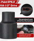 External Torx Plus Socket Set 6 Point 19 Pieces EP Four To EP Thirty Two With One Half Inch Drive And Three Eighths Drive Sockets Plus Specialty EP Eight Point Eight For Tesla Battery Service For Auto DIYers And Pros On The Go. Black socket with inset detail for EP8.8 compatibility.