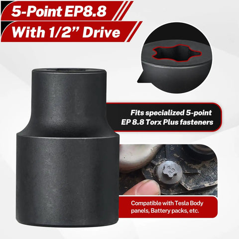 External Torx Plus Socket Set 6 Point 19 Pieces EP Four To EP Thirty Two With One Half Inch Drive And Three Eighths Drive Sockets Plus Specialty EP Eight Point Eight For Tesla Battery Service For Auto DIYers And Pros On The Go. Black socket with inset detail for EP8.8 compatibility.