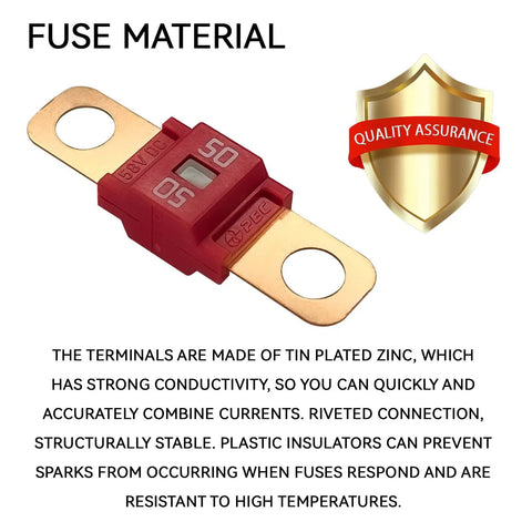 Top Shelf 3 Pack Midi Fuse 50 Amp Bolt On High Current Terminal, tin plated zinc construction, red heat shield, suitable for vehicles.