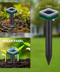Diagram of 8 Pack Solar Powered Ultrasonic Mole And Rodent Repellent Stakes, showing solar panel and dimensions for lawns and yards.