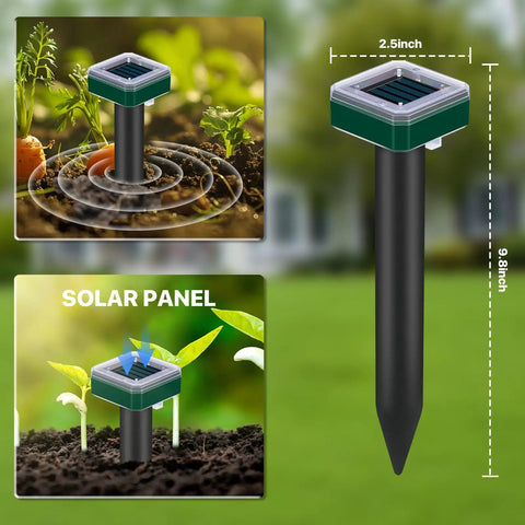 Diagram of 8 Pack Solar Powered Ultrasonic Mole And Rodent Repellent Stakes, showing solar panel and dimensions for lawns and yards.