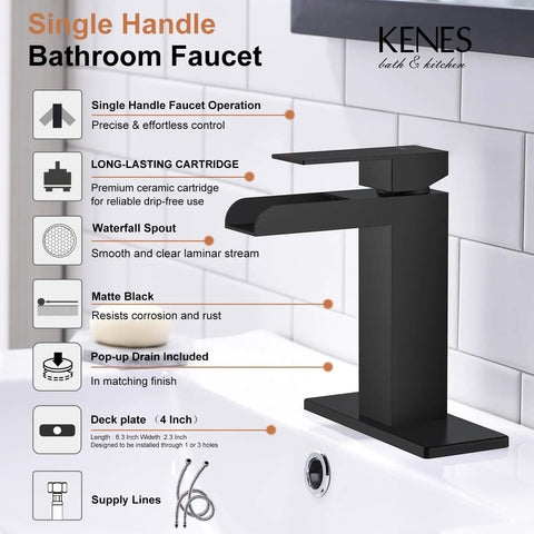 Dope Matte Black Waterfall Bathroom Faucet With Single Handle And Escutcheons Pop Up Drain Stopper Lead Free Water Supply Lines Ceramic Valve Core For Smooth Drip Free Flow Modern Black Sink Faucet For Vanity Model LJ-9035-2 displayed with feature highlights