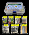 Mega 1500 Piece 7 Value Electronic Component Kit with organized bags of capacitors, resistors, transistors, and LED diodes in a box.