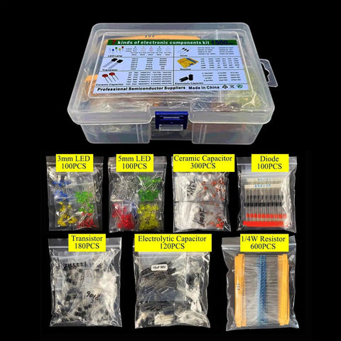 Mega 1500 Piece 7 Value Electronic Component Kit with organized bags of capacitors, resistors, transistors, and LED diodes in a box.