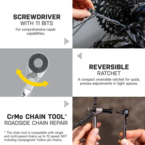 Ratchet Rocket Lite NTX Plus Bike Repair Multitool With 19 Functions shown with reversible ratchet and chain tool in use