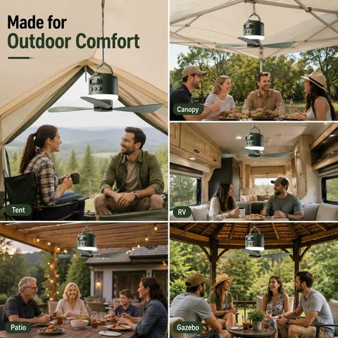 Heavy Duty 18 Inch Rechargeable Ceiling Fan With Bright Led Light And Huge 15600 mAh Battery For Gazebo Patio And Rv Camping, shown in tent and gazebo settings with people.