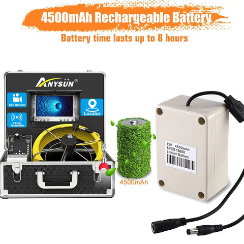 Badass Sewer Camera With Locator And 512Hz Sonde Transceiver, IP68 Waterproof Pipe Inspection Tool featuring 4500mAh rechargeable battery.