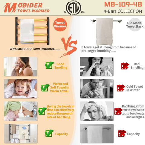 Comparison showing Heated Towel Warmer Rack With Timer For Bathroom Wall Mounted Plug In Towel Heater and old towel rack MB 109 4B