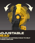 Cordless Shop Fan With 20V Max Battery 650 CFM Airflow Variable Speed Control IP54 Dust And Water Resistant with adjustable head.