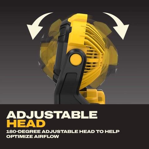 Cordless Shop Fan With 20V Max Battery 650 CFM Airflow Variable Speed Control IP54 Dust And Water Resistant with adjustable head.