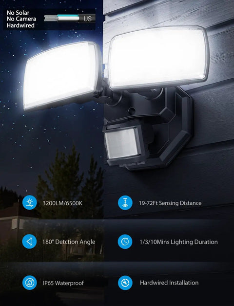 Solid Setup Dual Head Motion Sensor Outdoor Security Light Pumping Out Hella Bright 3200 Lumens With Crisp 6500K Glow, Hardwired Flood Lamp Offering Smooth Motion Tracking And Knockout Weather Shield For Yard Or Garage, Black