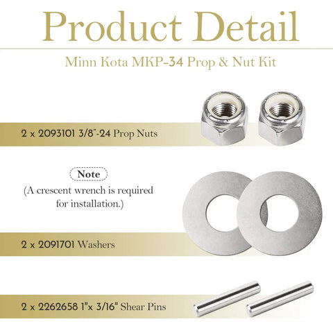 Prop And Nut Kit E For MKP-34 Compatible With MKP-33 And MKP-38 Trolling Motors Easy Install Shear Pin Replacement Weedless Wedge 1865018