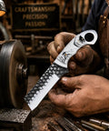 Artisan holding a Cowboy Style Fixed Blade Knife With Resin Handle For Camping, Ranch Work, And Hunting, Western Outdoor Knife.