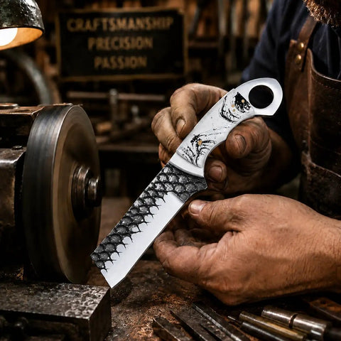 Artisan holding a Cowboy Style Fixed Blade Knife With Resin Handle For Camping, Ranch Work, And Hunting, Western Outdoor Knife.