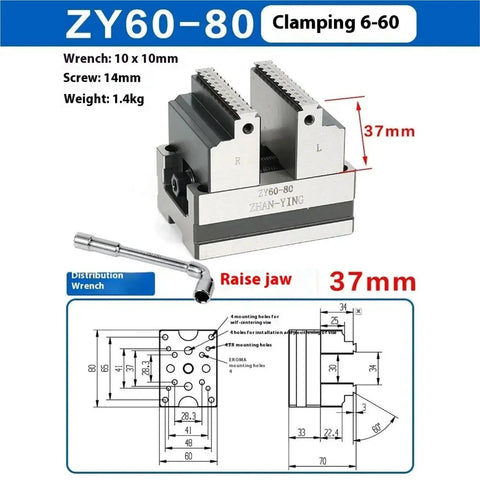 Kickass Heavy Duty Pneumatic Turntable Fixture Built Tough For Four And Five Axis Machining Centers With A Rock Solid Self Centering Vise And Concentric Flat Nose Jaws ZY60 80 with clamping jaws and wrench dimensions.