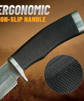 Close-up of ergonomic rubber handle and textured grip on Rugged Fixed Blade Survival Knife With Sheath For Camping, Hunting, And Bushcraft