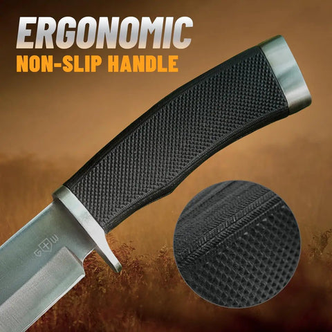 Close-up of ergonomic rubber handle and textured grip on Rugged Fixed Blade Survival Knife With Sheath For Camping, Hunting, And Bushcraft