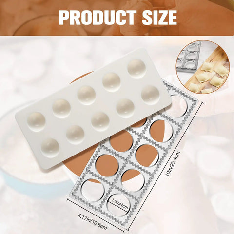All In One Pasta Making Tools Set For Home Cooks, 14 Piece Ravioli Mold Kit shown with mold dimensions and close-up of ravioli.