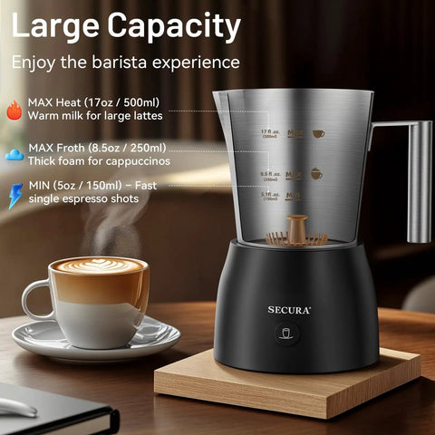 17 Ounce Electric Milk Frother And Steamer With Stainless Steel Jug 4 In 1 Hot And Cold Foam Maker next to cappuccino cup