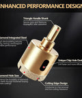Heavy Duty 10 Piece Diamond Hole Saw Kit With Brazed Coating For Drilling Tile Ceramic Marble And Glass 1/4 To 2 Inch Sizes close-up of drill design features.