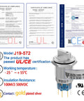 Three Position 19mm Rotary Switch With Blue LED, UL Certified, stainless steel housing, CE certification documents, switch details.
