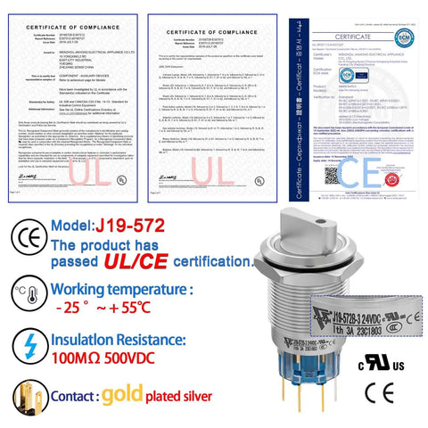 Three Position 19mm Rotary Switch With Blue LED, UL Certified, stainless steel housing, CE certification documents, switch details.