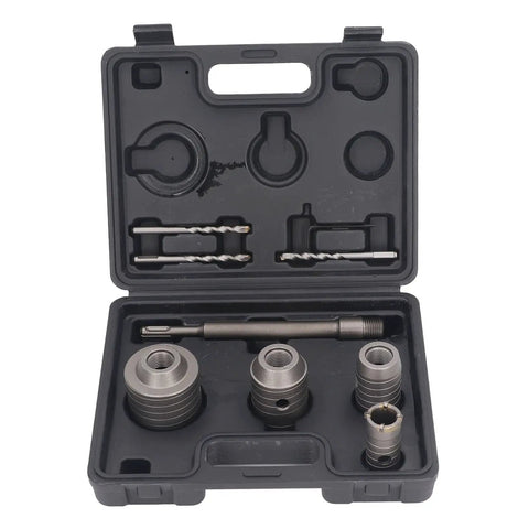 Heavy Duty Concrete Hole Saw Kit With Carbide Cutting Bits In 30Mm 40Mm 50Mm And 65Mm Sizes Plus Core Drill Set For Brick And Cement Wall Drilling Tasks, open case