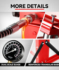Heavy Duty 30 Ton Hydraulic Shop Press With Movable H Frame Plate For Auto Mechanics And Metal Fabrication Solid Red workhorse rig showing dual scale gauge and reinforced base.