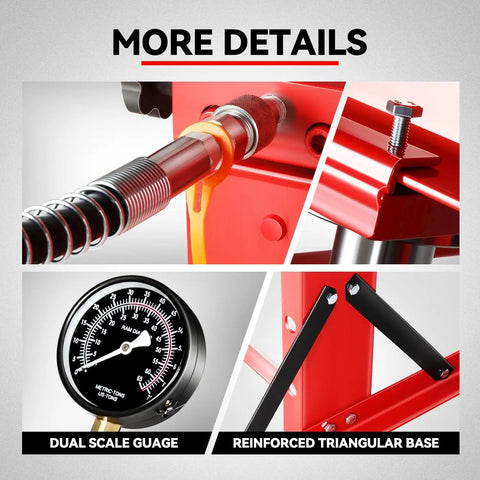 Heavy Duty 30 Ton Hydraulic Shop Press With Movable H Frame Plate For Auto Mechanics And Metal Fabrication Solid Red workhorse rig showing dual scale gauge and reinforced base.