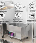 Commercial 18L Stainless Steel Deep Fryer Oil Filter Machine With Powerful 250W Motor For Restaurants And Food Trucks, featuring movable wheels and oil pump.