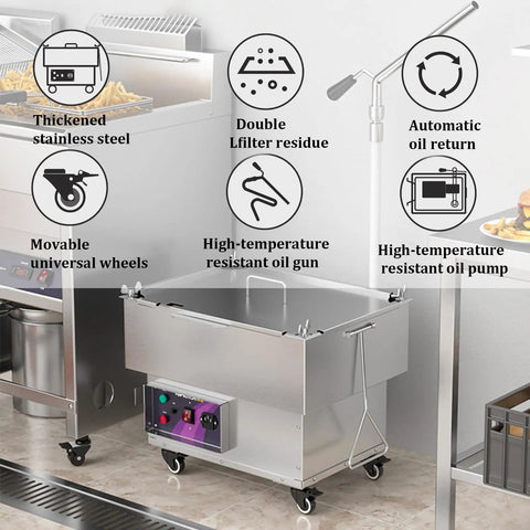 Commercial 18L Stainless Steel Deep Fryer Oil Filter Machine With Powerful 250W Motor For Restaurants And Food Trucks, featuring movable wheels and oil pump.