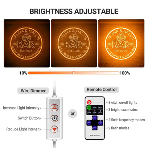 Custom Bar Neon Sign For Wall Decor Dimmable LED Beer Sign With Remote Control showing brightness adjustable features