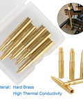 5Pcs Heat Set Insert Tips for M2 M2.5 M3 M4 M5 Threaded Inserts, brass material, shown in storage case and in use on 3D printed part