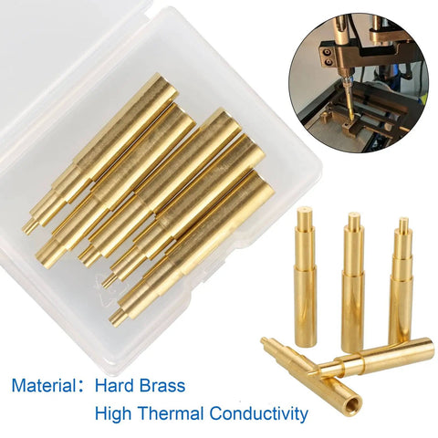 5Pcs Heat Set Insert Tips for M2 M2.5 M3 M4 M5 Threaded Inserts, brass material, shown in storage case and in use on 3D printed part