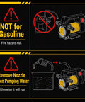 Warning sign for Heavy Duty Diesel Fuel Transfer Pump Handling 17 Gallons Per Minute on safe usage guidelines.