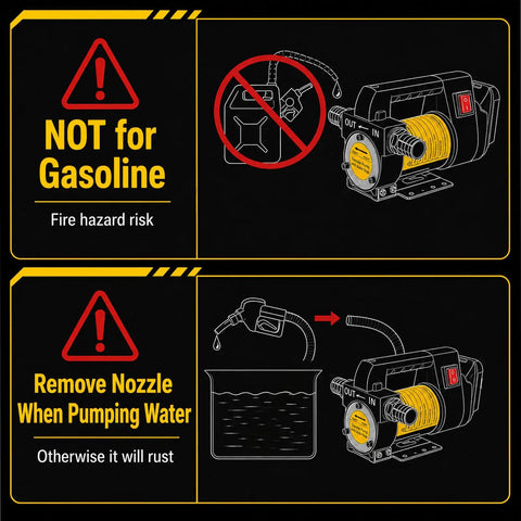 Warning sign for Heavy Duty Diesel Fuel Transfer Pump Handling 17 Gallons Per Minute on safe usage guidelines.