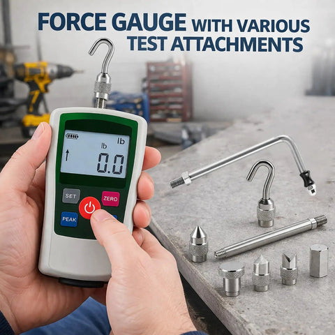 Digital Force Gauge Go To Tool For Real Time Peak And First Peak Measurements High Precision Push Pull Meter For Tension And Compression Testing Ideal For Quality Control And Material Testing In N Kg Lb Oz. handheld gauge with test attachments