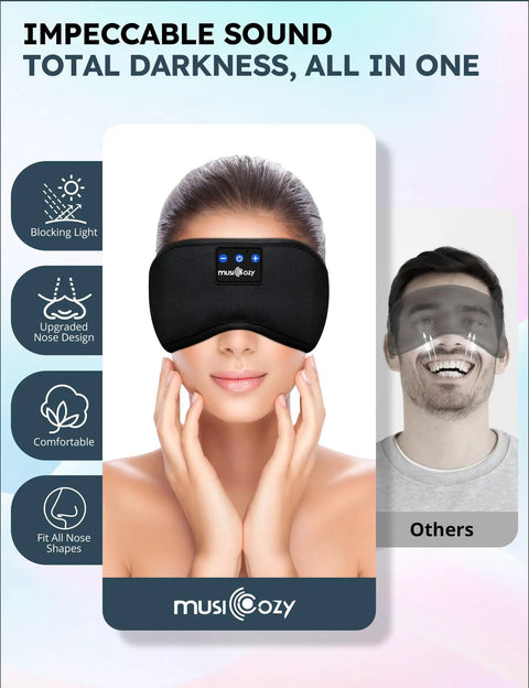 Wireless Sleep Headphones With Sleep Mask Headband And Earbuds, Bluetooth 5.4 for side sleepers, shown on smiling person